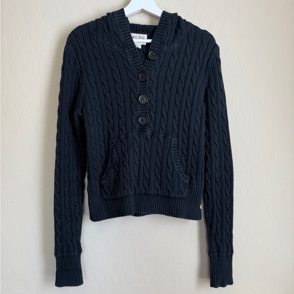 Ralph Lauren Navy Blue Cableknit Hooded Button Henley Hoodie Sweater Large y2k